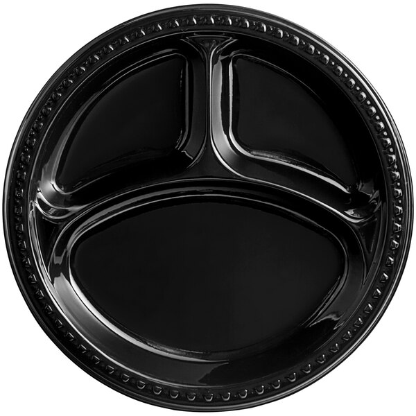 A black Huhtamaki Chinet plastic plate with three compartments.
