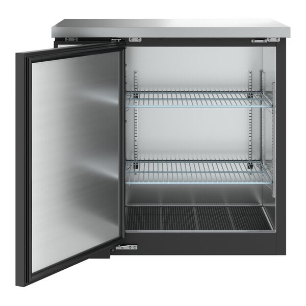 An Avantco black and silver back bar refrigerator.