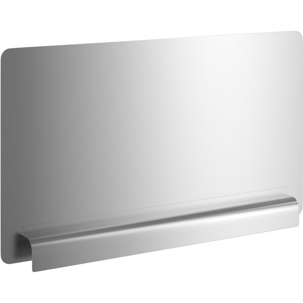 A silver metal side splash for a sink with a white surface.