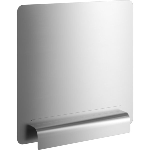 A close-up of a silver stainless steel Regency sink side splash with a clip.