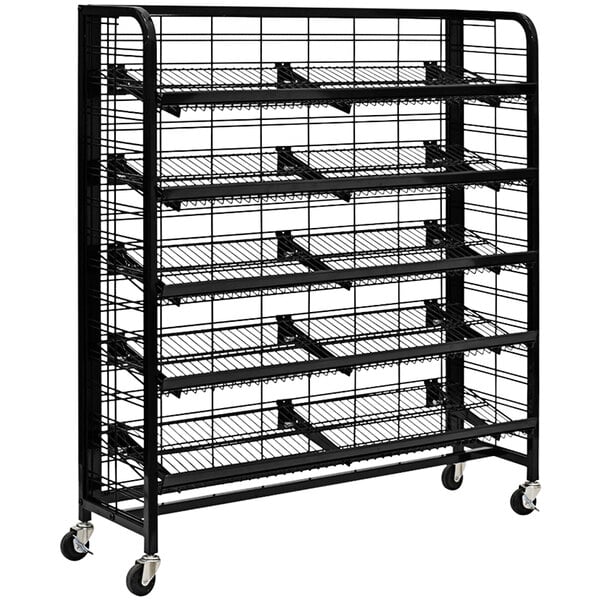 A black metal mobile 5-shelf merchandising display rack.