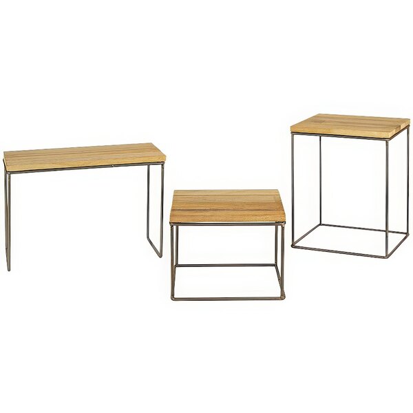 A set of three wooden display stands with metal bases.
