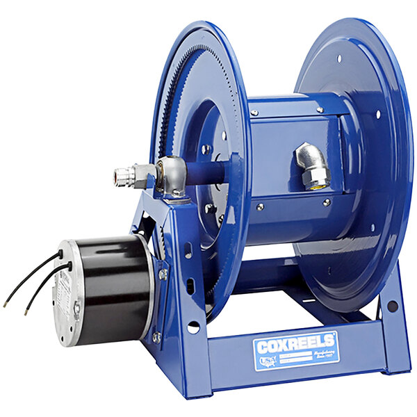 A blue Coxreels cord reel with a metal handle.