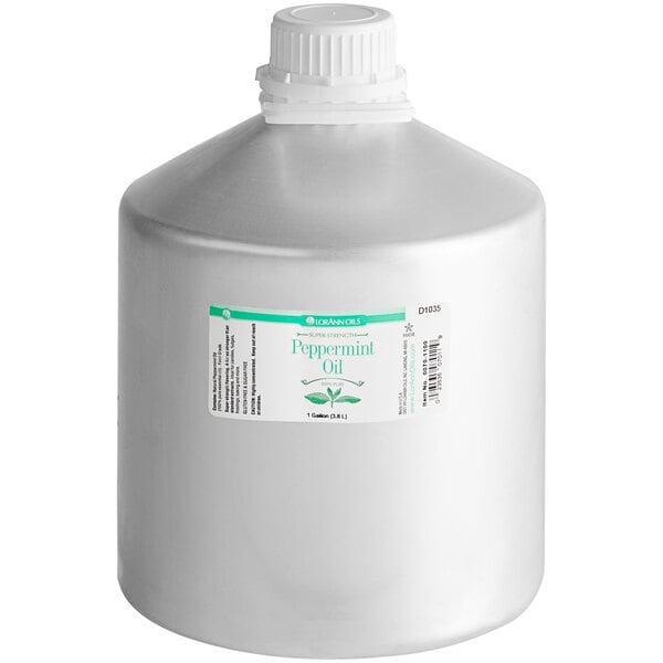 A white gallon container of LorAnn Oils All-Natural Peppermint Super Strength Flavor with a label.