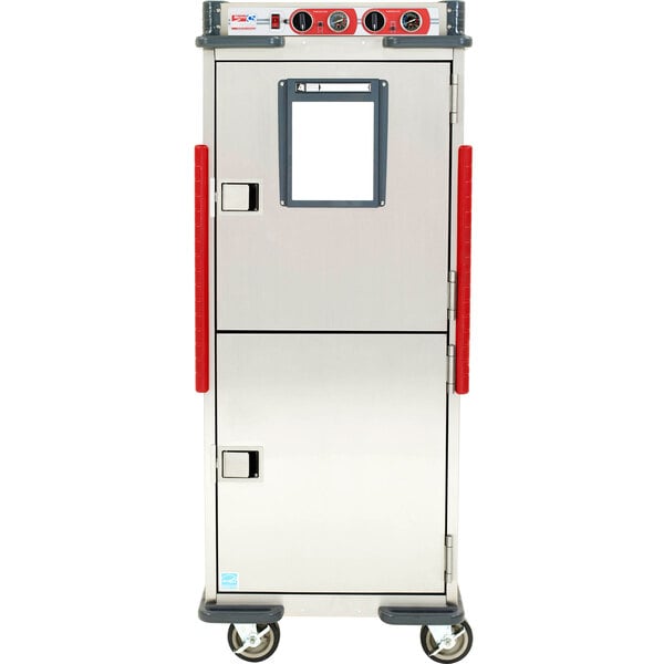 A stainless steel Metro C5 T-Series heated holding cabinet with red and silver accents on wheels.