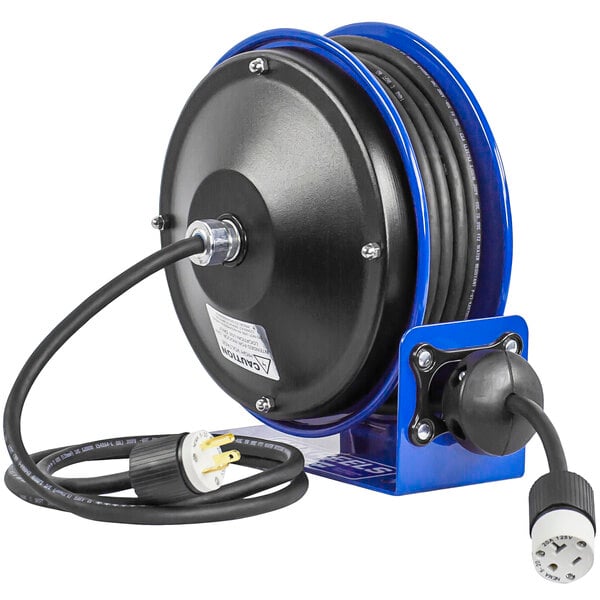 A blue and black Coxreels PC10 Series compact power cord reel with a power cord.