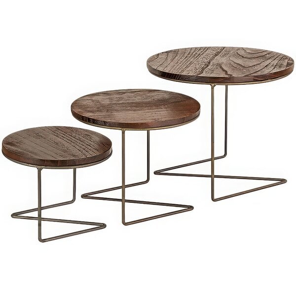 A Kalalou round wooden display stand set with metal legs.