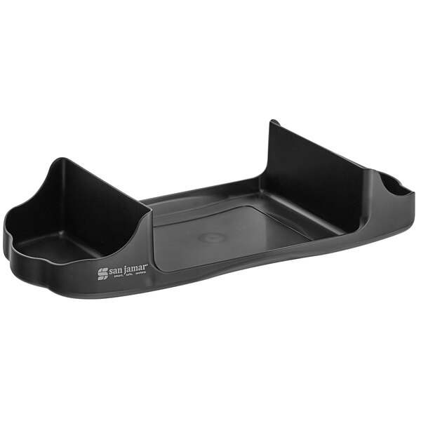 A black plastic San Jamar Tabletop Condiment Caddy tray with a handle.