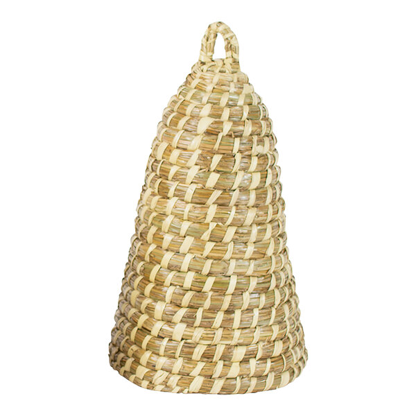 A woven cone shaped basket with a handle.