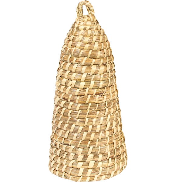 A woven cone-shaped basket with a handle.