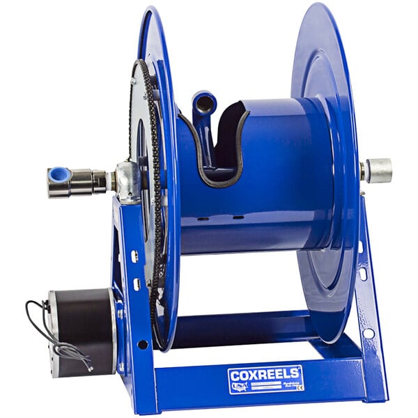 A blue metal Coxreels hose reel with a black motor.