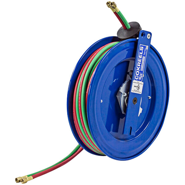 A blue Coxreels hose reel with green and red hoses.