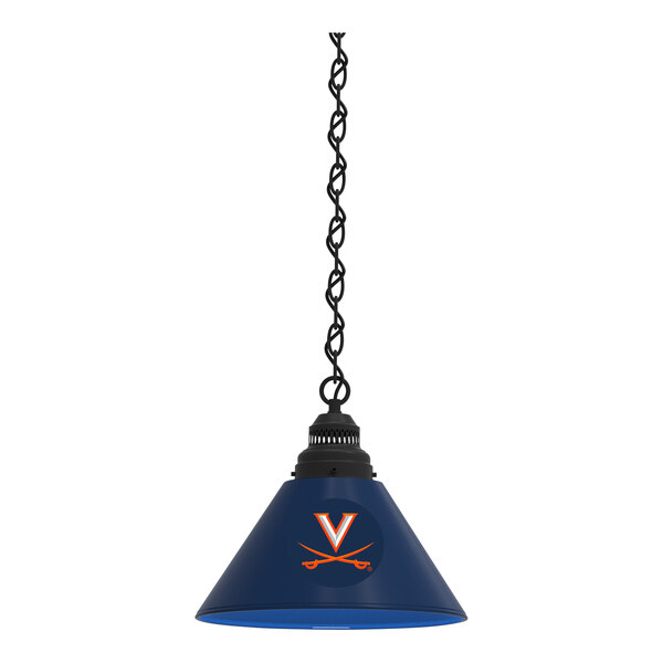 A black pendant light with a blue University of Virginia logo.