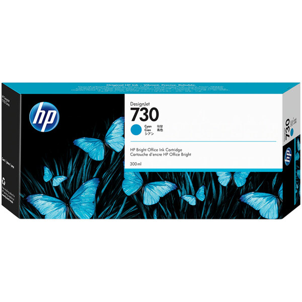 A box with the HP logo and a blue butterfly on it with the text "HP 300 mL Cyan Original Ink Cartridge" on it.