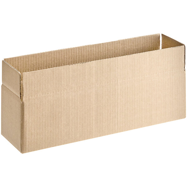 A brown cardboard box with the lid open.