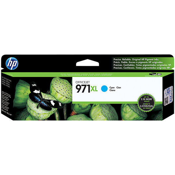 A close-up of a HP CN626AM Cyan printer ink cartridge.