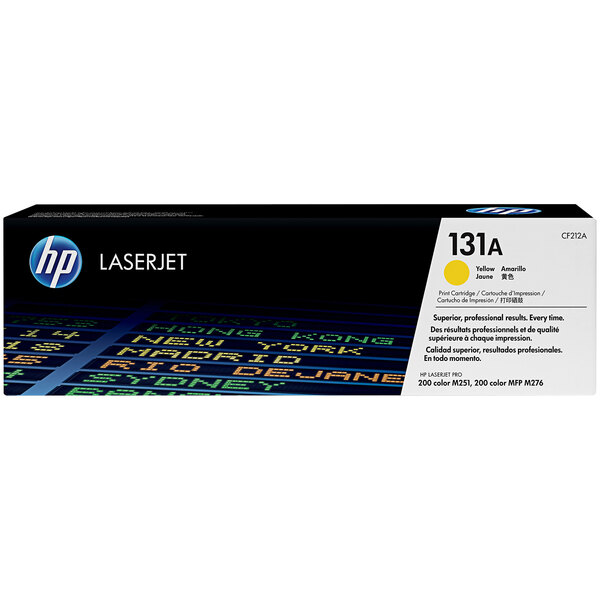 A yellow HP LaserJet printer toner cartridge with black text.