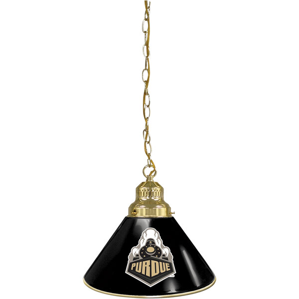 A black and gold Holland Bar Stool pendant light with Purdue logo hanging from a chain.