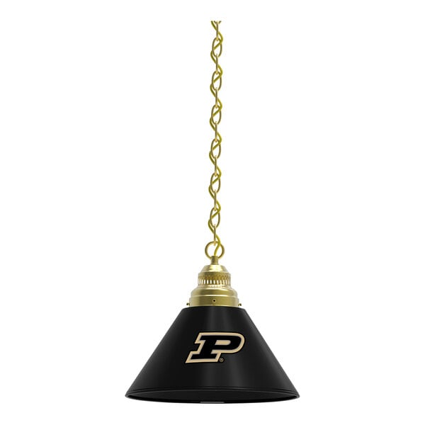A black lamp with a gold shade featuring the Purdue logo in gold.