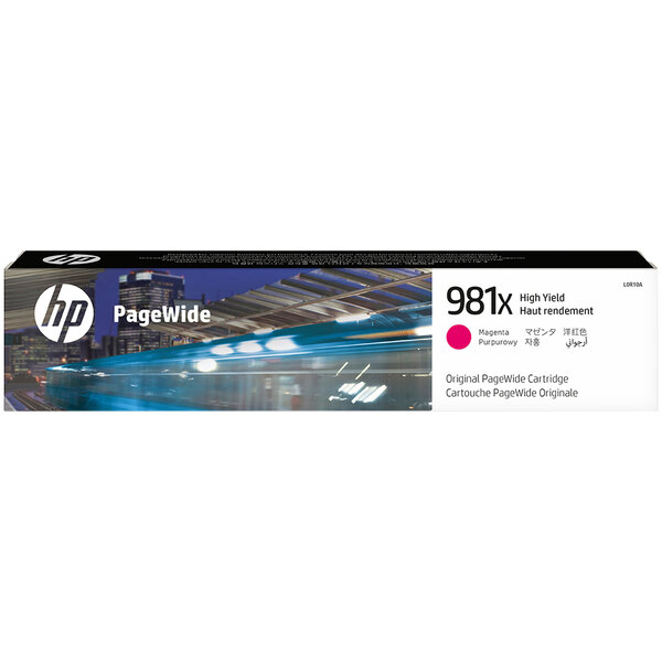A box of HP Magenta High Yield PageWide ink cartridges.