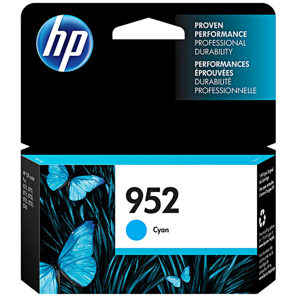 A black and blue box with white text and blue butterflies on it for HP L0S49AN#140 Cyan Original Printer Ink Cartridge.