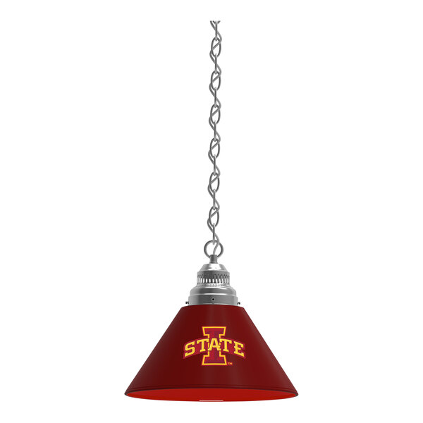 A red pendant light with the Iowa State University logo in yellow and chrome accents.