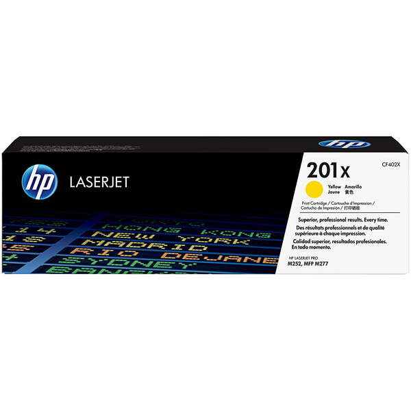 A yellow HP LaserJet printer toner cartridge with black text.