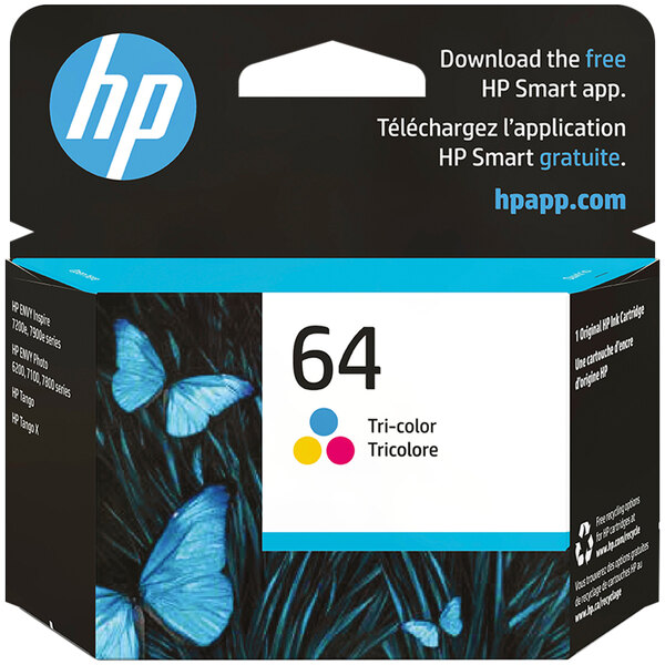 A black HP box with blue and white text containing cyan, magenta, and yellow HP 64 ink cartridges.