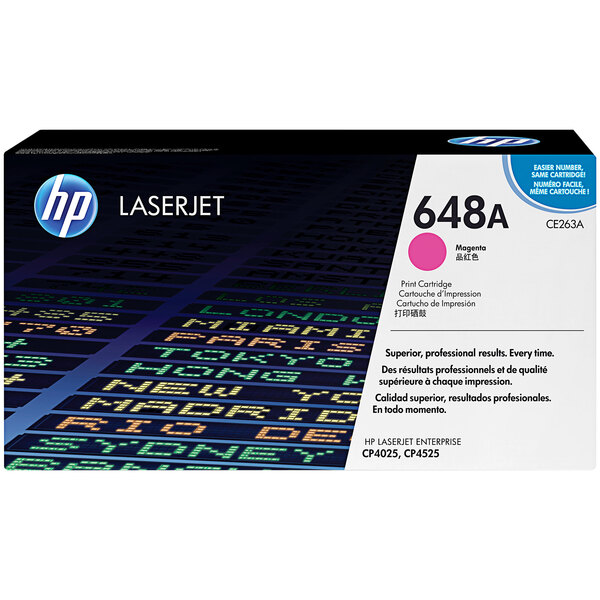 A white box with black text and pink circles labeled "HP CE263A Magenta" for a HP LaserJet printer cartridge.