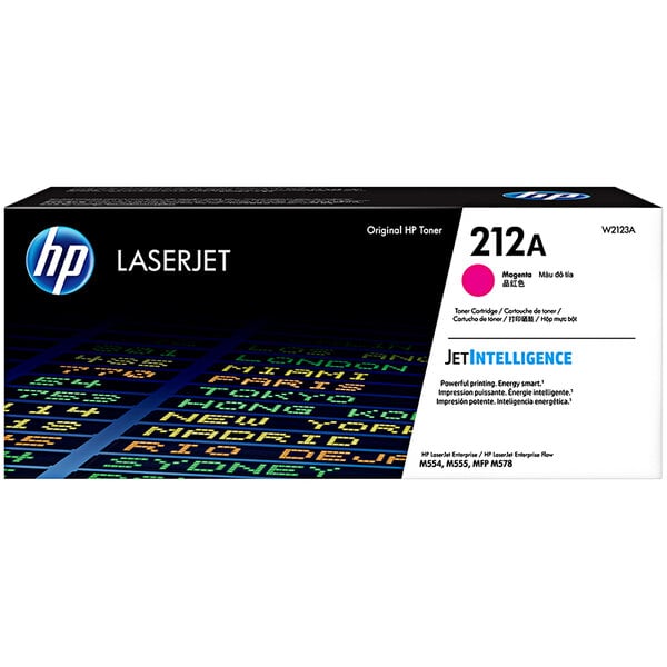 The white and black box of a HP W2123A Magenta LaserJet toner cartridge with pink and black text.