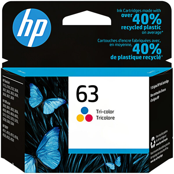 A black box with blue and white labels for HP 63 color printer toner cartridges.