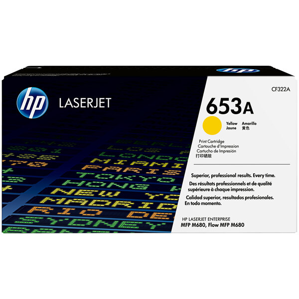 A black box with yellow text reading "HP CF322A Yellow Original LaserJet Printer Toner Cartridge"