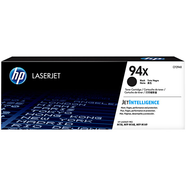 A black and white HP printer toner cartridge box with text and images of the HP CF294X toner cartridge.