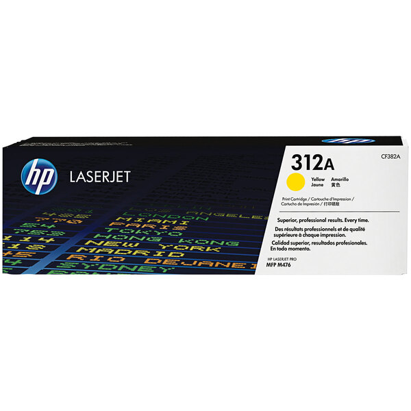 A HP 312A yellow LaserJet printer toner cartridge with black and yellow packaging.
