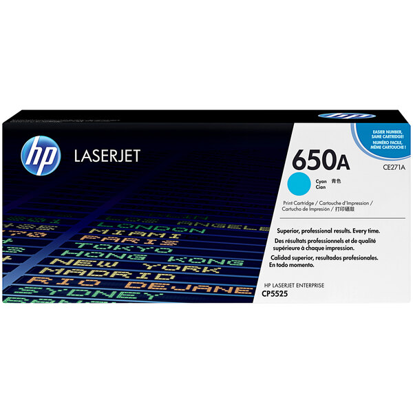 A rectangular box for an HP CE271A Cyan Original LaserJet Printer Toner Cartridge with text and images on it.