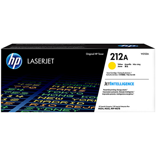 A close-up of a yellow and black HP LaserJet printer toner cartridge.