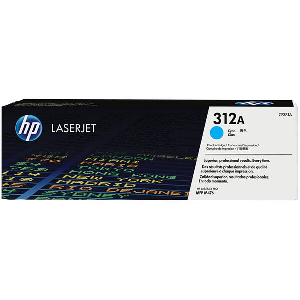 A black and white box with blue text reading "HP 312A Cyan Original LaserJet Toner Cartridge" on a white background.