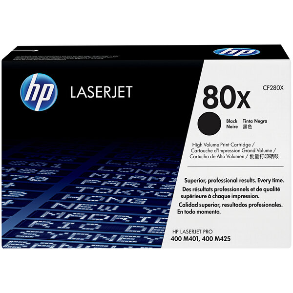A black box with blue and white designs for an HP CF280X Black LaserJet Toner Cartridge.