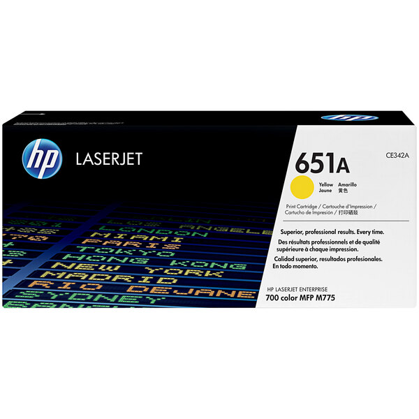 The yellow and black box of an HP CE342A LaserJet toner cartridge.