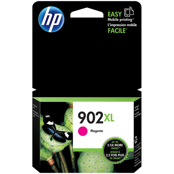 A black and white box of HP Magenta High Yield printer ink with a butterfly on it.