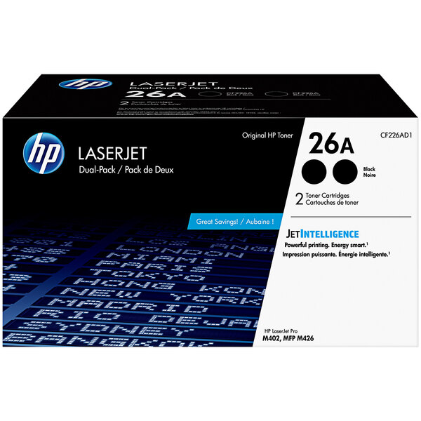 A black and white box for HP CF226AD1 Black LaserJet Toner Cartridges.