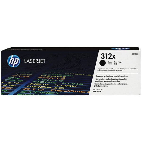 A black and white box with "HP CF380X Black High Yield Original LaserJet Printer Toner Cartridge" in white text.