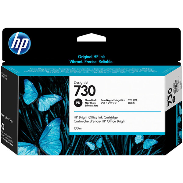 A package of HP 130 mL Photo Black DesignJet printer ink cartridges.