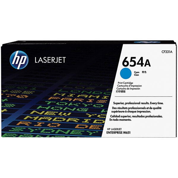 A close-up of a HP CF331A Cyan LaserJet toner cartridge box with black and blue text.