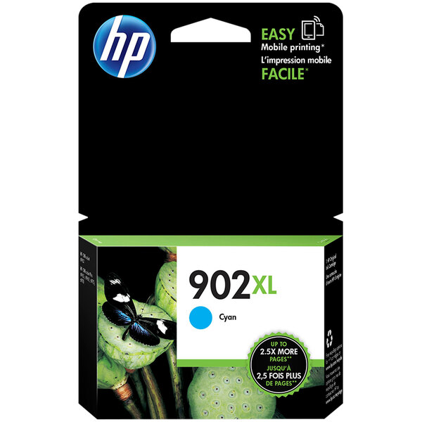 A box of HP 902XL Cyan ink cartridges.