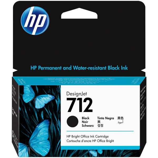 A black HP 38 mL ink cartridge with a black label.