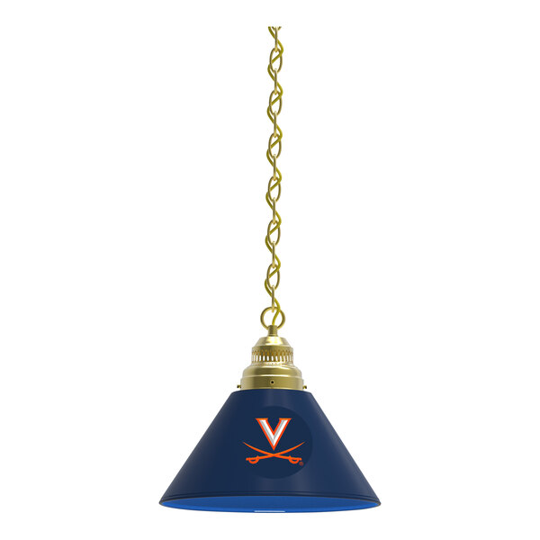 A blue lamp with a University of Virginia logo on the shade.