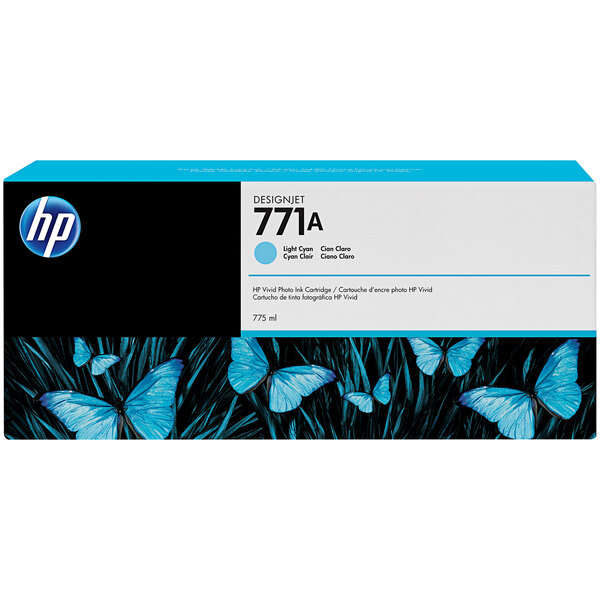 The white and light blue box of HP Light Cyan DesignJet inkjet printer ink with a close-up of the label.