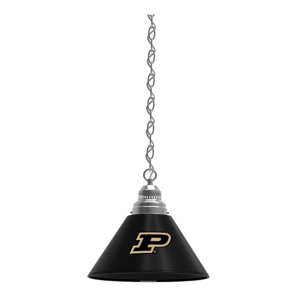 A black and silver pendant light with Purdue University logo.