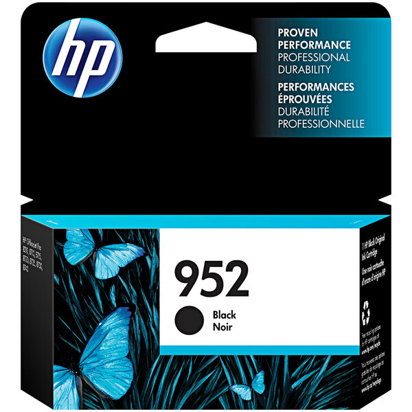 A black HP ink cartridge box with blue and white text and a butterfly.